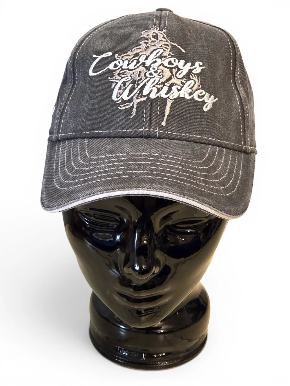 Cowgirl Hardware Cowboys & Whiskey Gray Distressed Denim Snapback Baseball Hat
